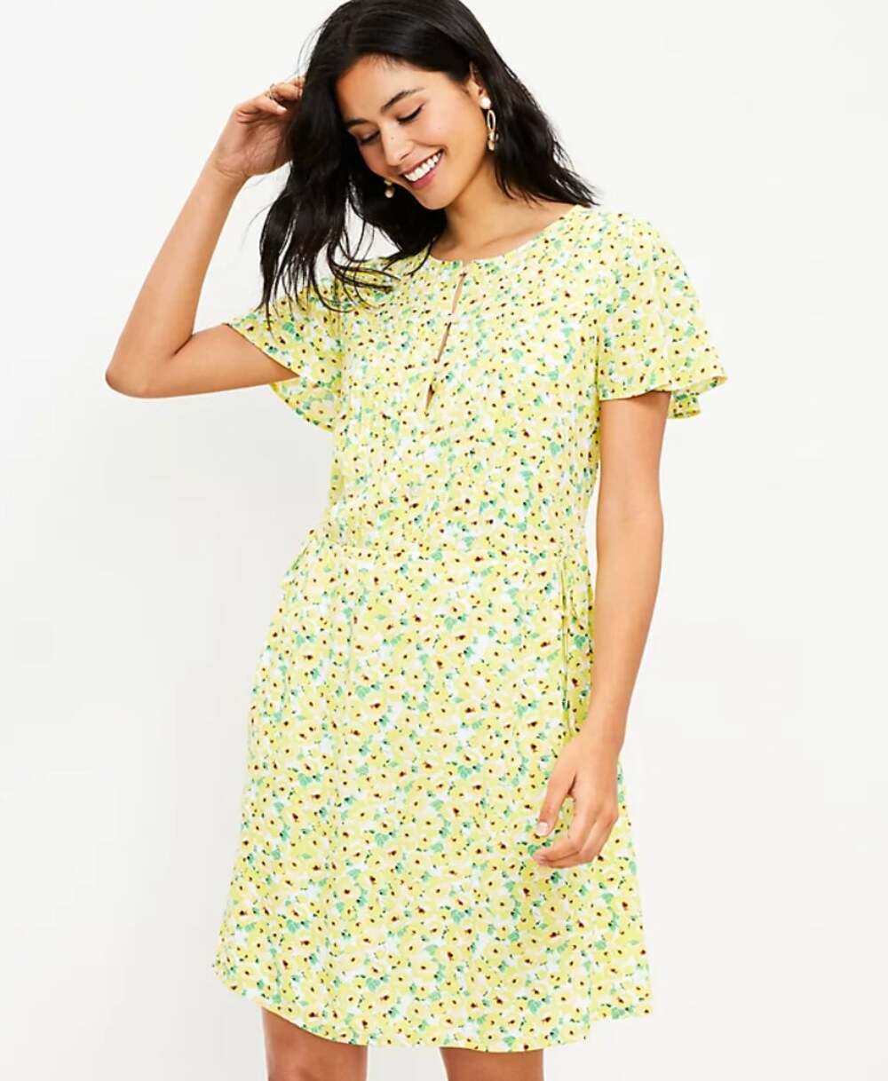 Loft Floral Pintucked Side Tie Mini Dress Womens Size Medium Tall Yellow White